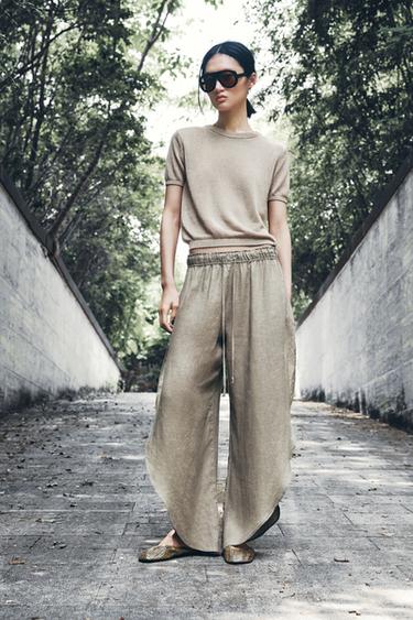 Zara ZW COLLECTION 100% 亞麻開叉長褲 - 棕色 / 暗灰褐色