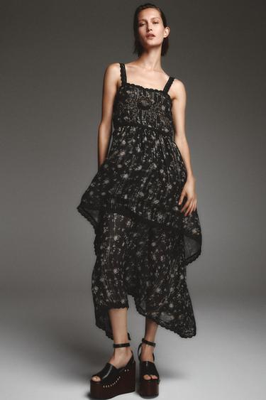 Zara ZW COLLECTION FLORAL PRINT DRESS - Black