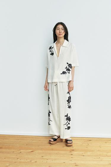 ZW COLLECTION フラワー刺繍入りパンツホワイト/ブラック0ZaraのZW COLLECTION フラワー刺繍入りパンツ - ホワイト/ブラック - 画像 0