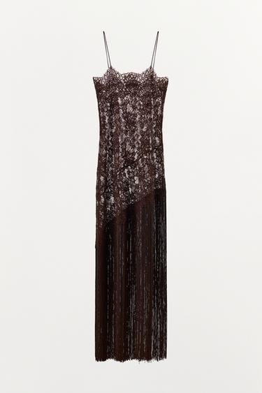 ROBE À BRETELLES EN DENTELLE ET FRANGES - Marron de Zara - Image 4