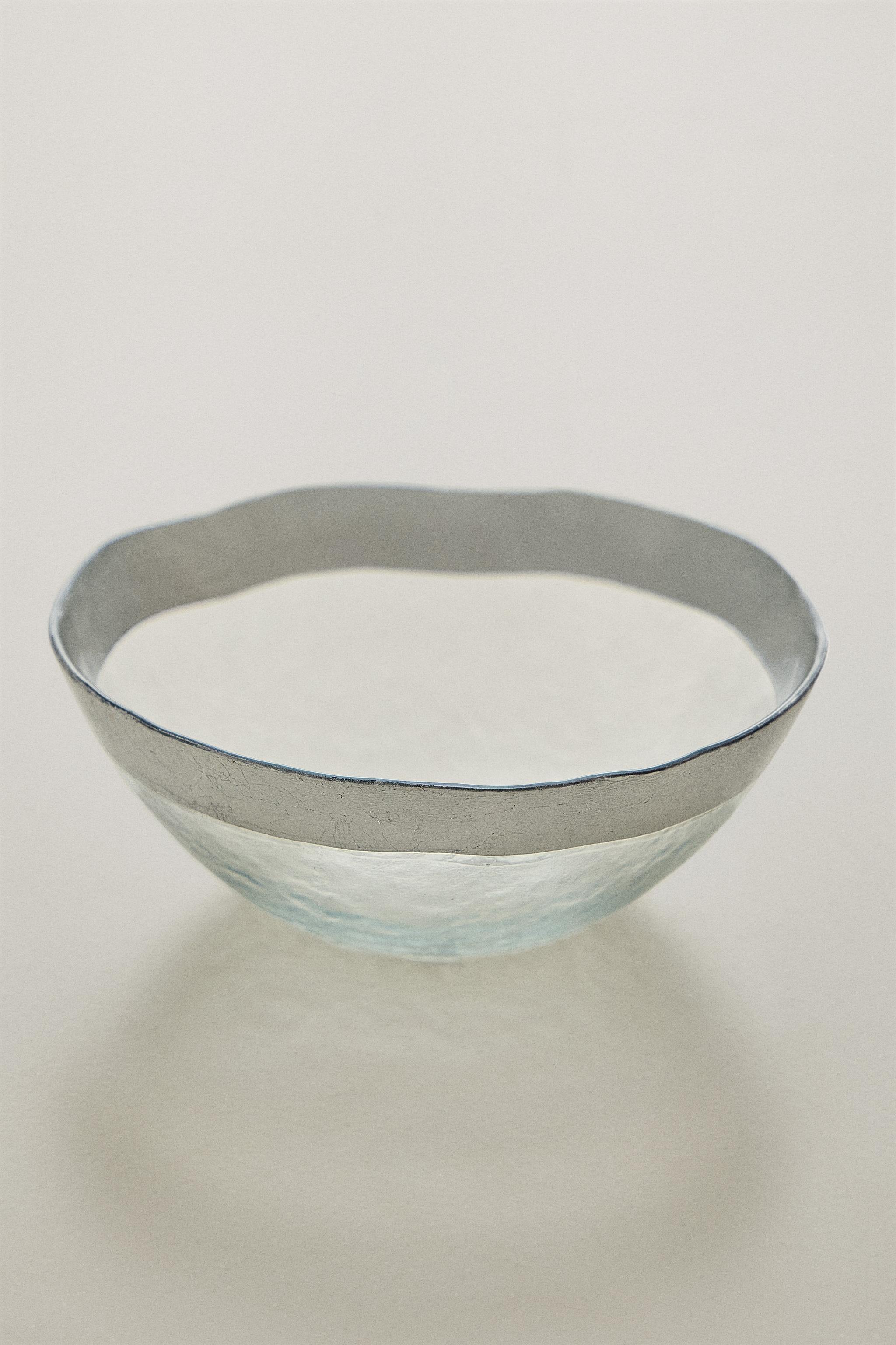 GLASS BOWL WITH RAISED TEXTURE AND SILVER RIM — Silver