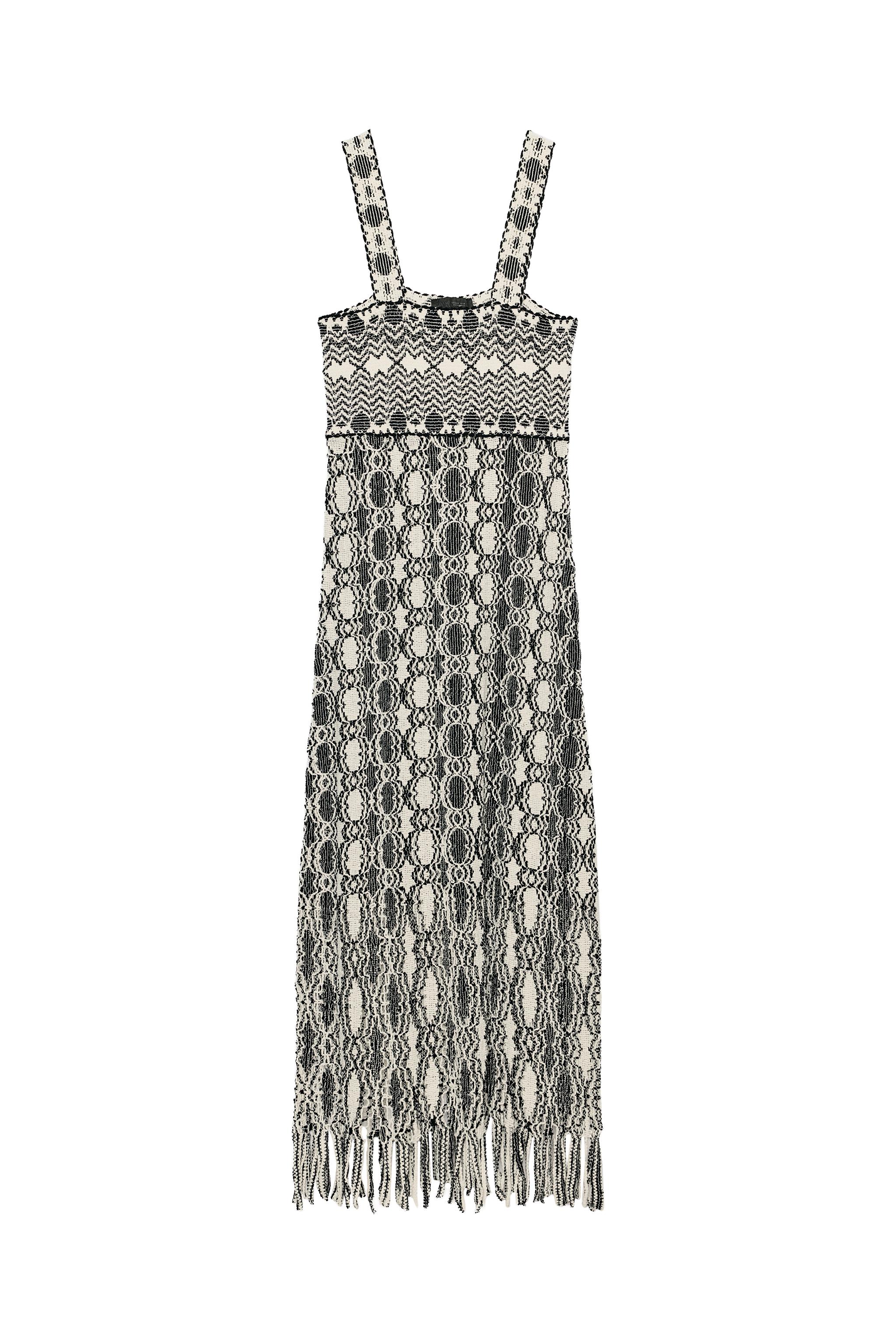 zara knit dress with fringing ZARA NEW SS25 FRINGED CHECKERED KNIT DRESS NAVY BLUE 4331/026/401 _S-L