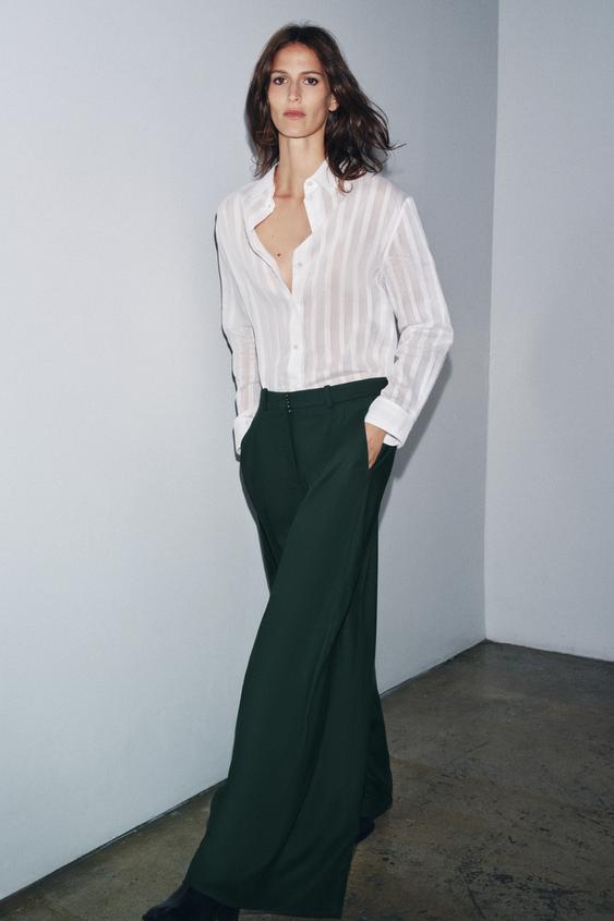 PANTALON À PINCES À JAMBES LARGES ZW COLLECTION - Vert de Zara - Image 0