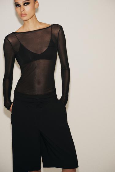 SEMI-SHEER T-SHIRT WITH DRAPED BACK - Black by Zara - Image 1