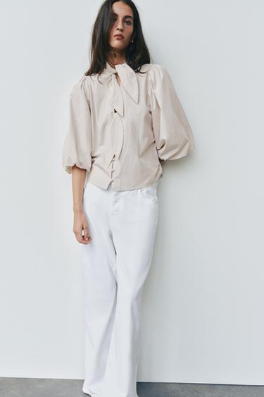 Zara STRIPED TIE BLOUSE - Brown / White
