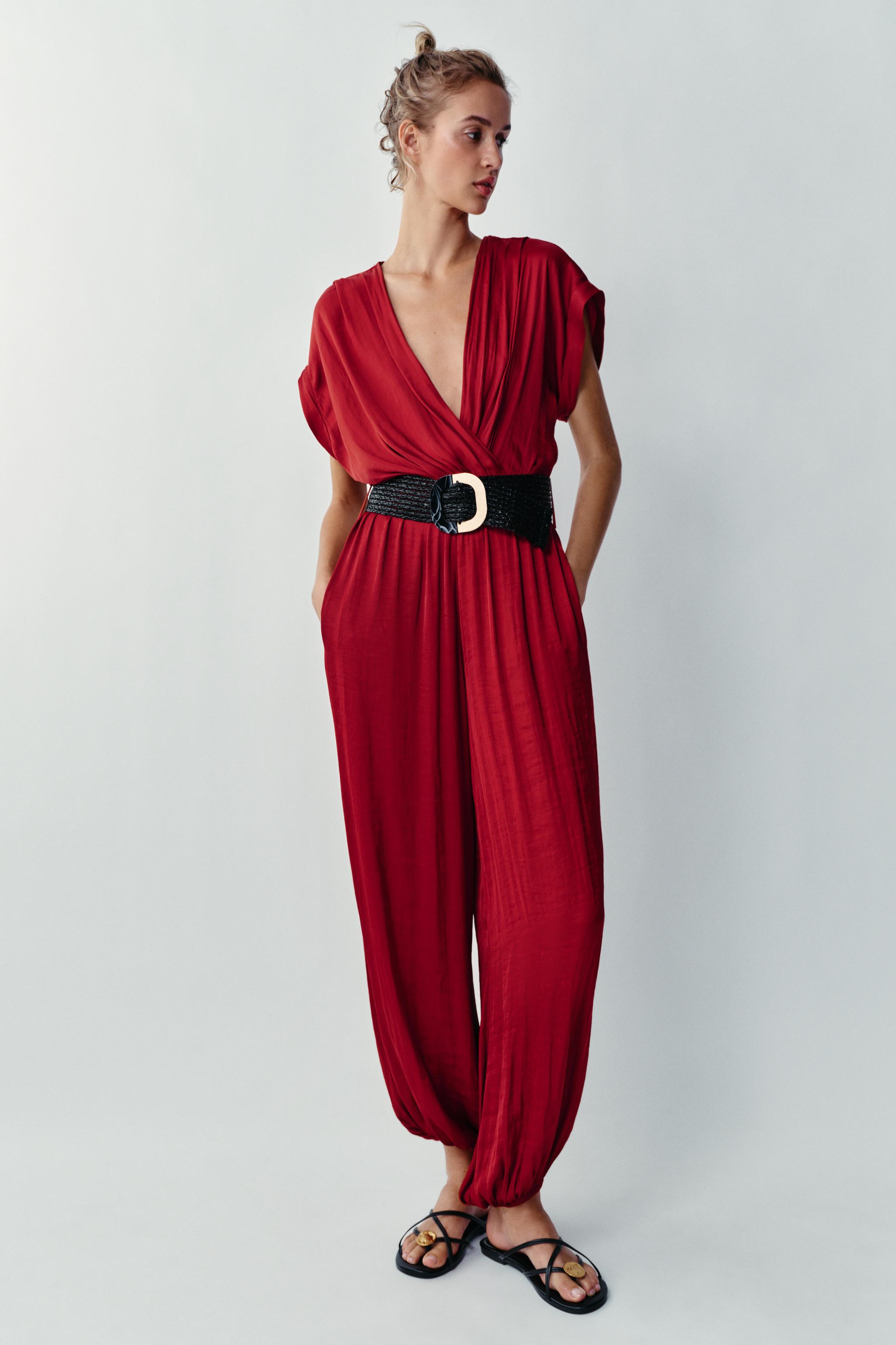 Zara SATIN BELTED JUMPSUIT