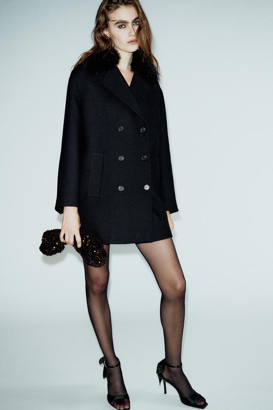 SHORT WOOL COAT WITH FAUX FUR LAPEL