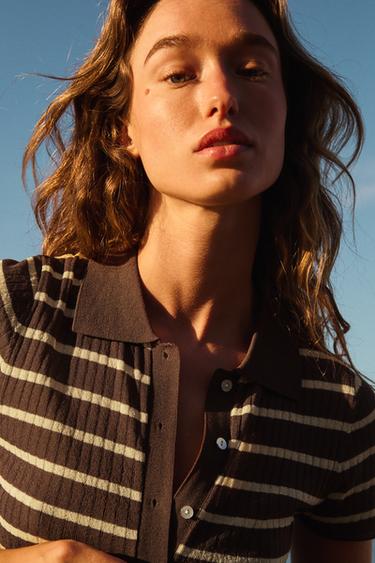 STRIPED POLO COLLAR TOP - Brown by Zara - Image 2