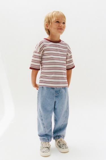 ZARA TIMELESS - STRIPED T-SHIRT WITH CONTRAST TRIM - Ecru / Maroon by Zara