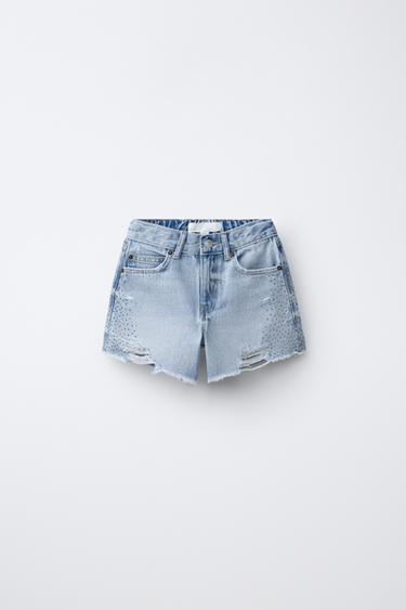 ДЖИНСОВЫЕ ШОРТЫ СО СТРАЗАМИ И РАЗРЕЗАМИ — СИНИЙ от Zara