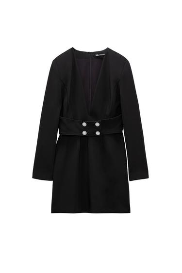 BELTED BLAZER DRESS WITH PEARL BEAD APPLIQUÉS