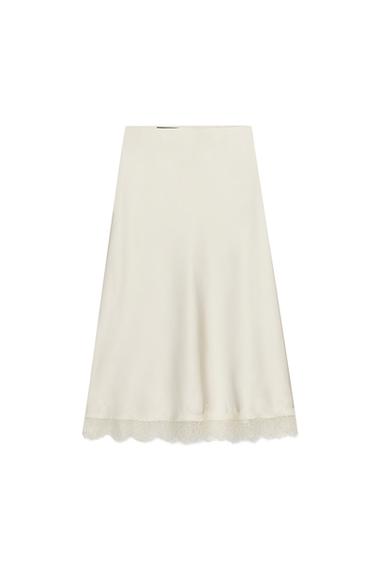 Zara 蕾絲緞面中長裙 - 中裸色