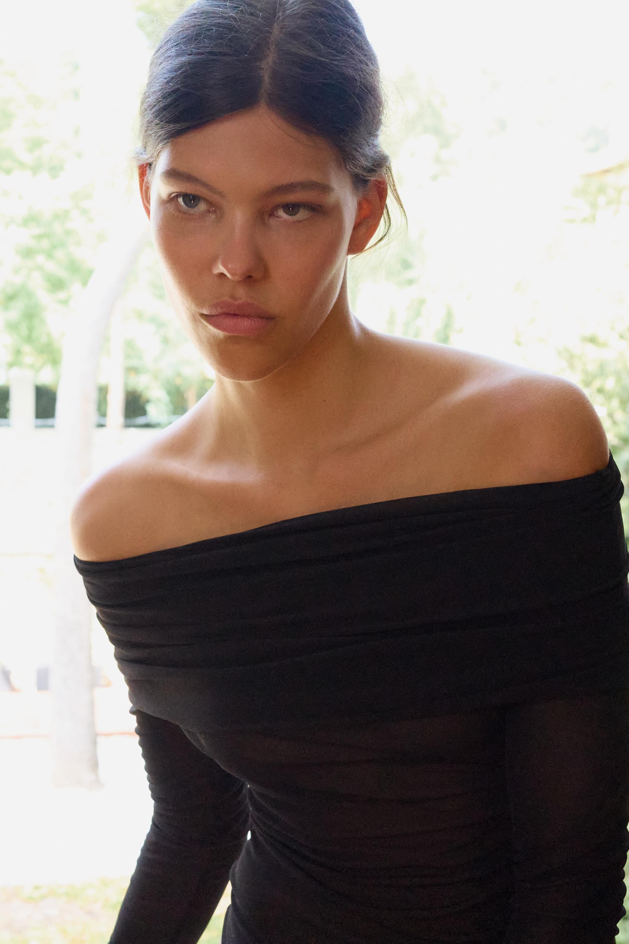 CLEAR DRAPED-NECK BODYSUIT