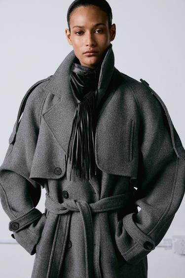 ABRIGO CRUZADO CINTURÓN TRABILLAS - Gris vigoré de Zara