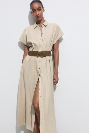 LINEN BLEND MIDI DRESS WITH BELT - Light beige by Zara - Image 1