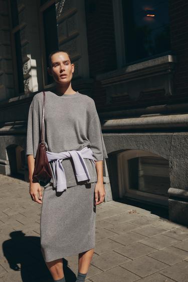 Zara PLAIN KNIT MIDI SKIRT - Gray marl