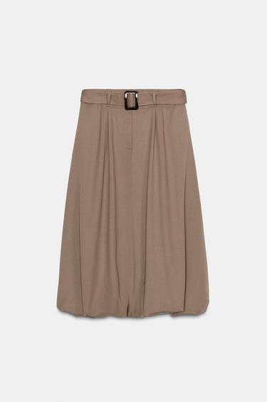 JUPE MIDI À CEINTURE ET COUPE BALLON - Marron clair de Zara - Image 7