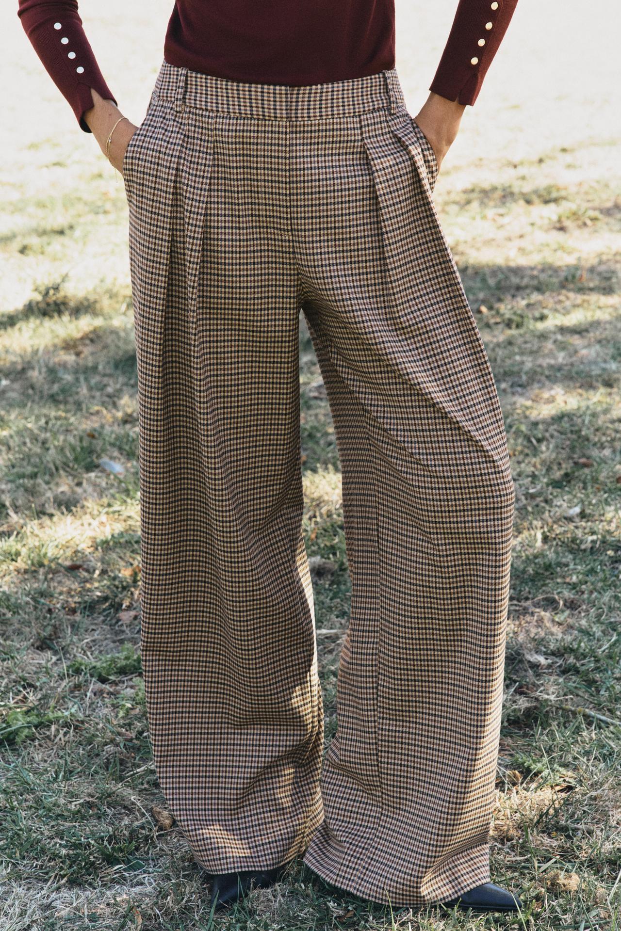 WIDE-LEG PLAID PANTS — taupe brown