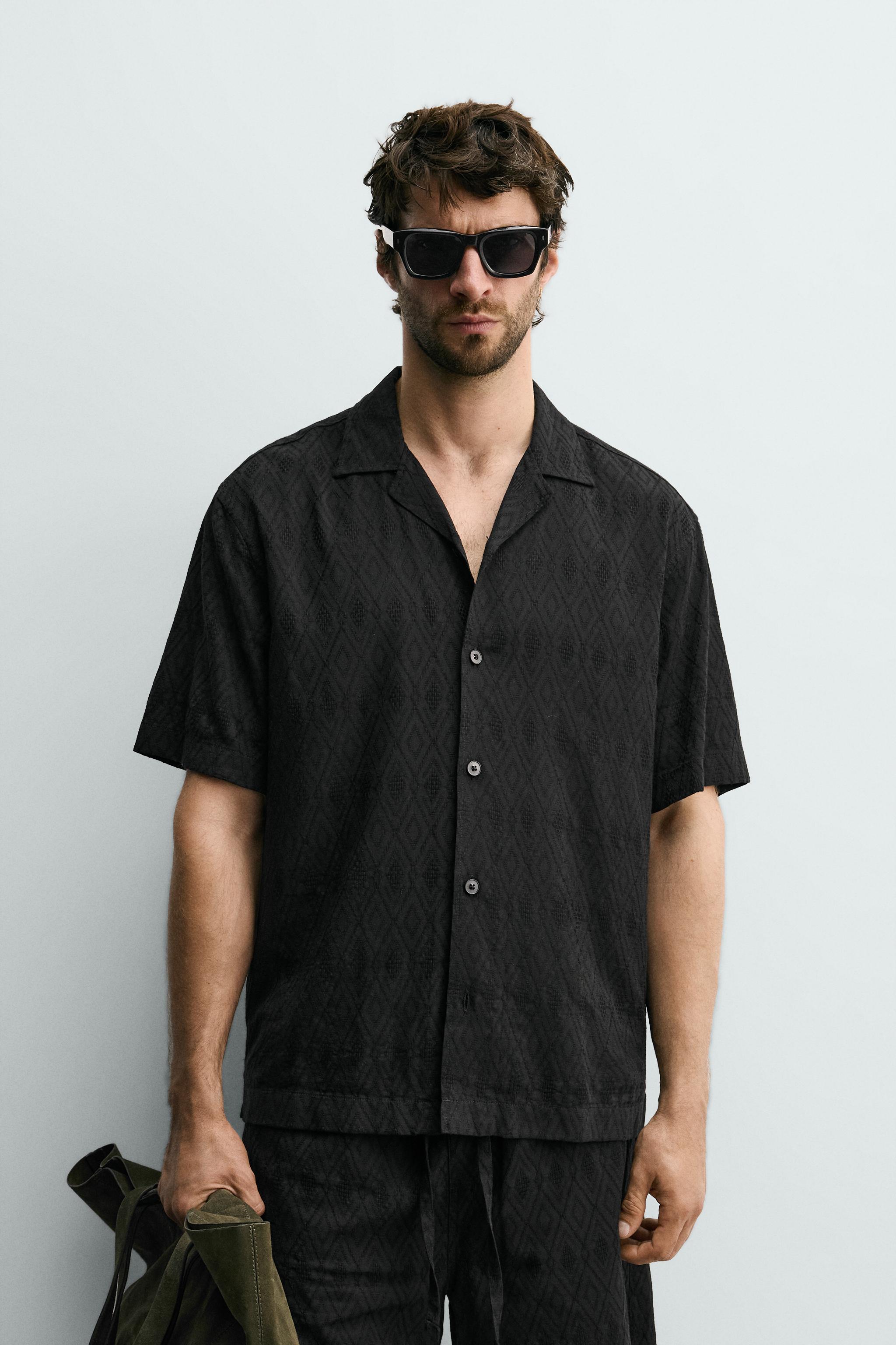 GEOMETRIC JACQUARD RELAXED FIT SHIRT — Black