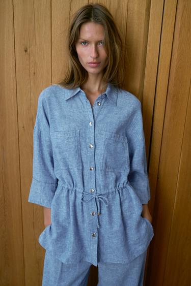 SAFARI OVERHEMD MET LINNEN SET - Lichtblauw van Zara