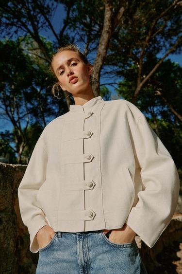 LINEN BLEND JACKET WITH FROG FASTENING - Ecru by Zara - Image 3