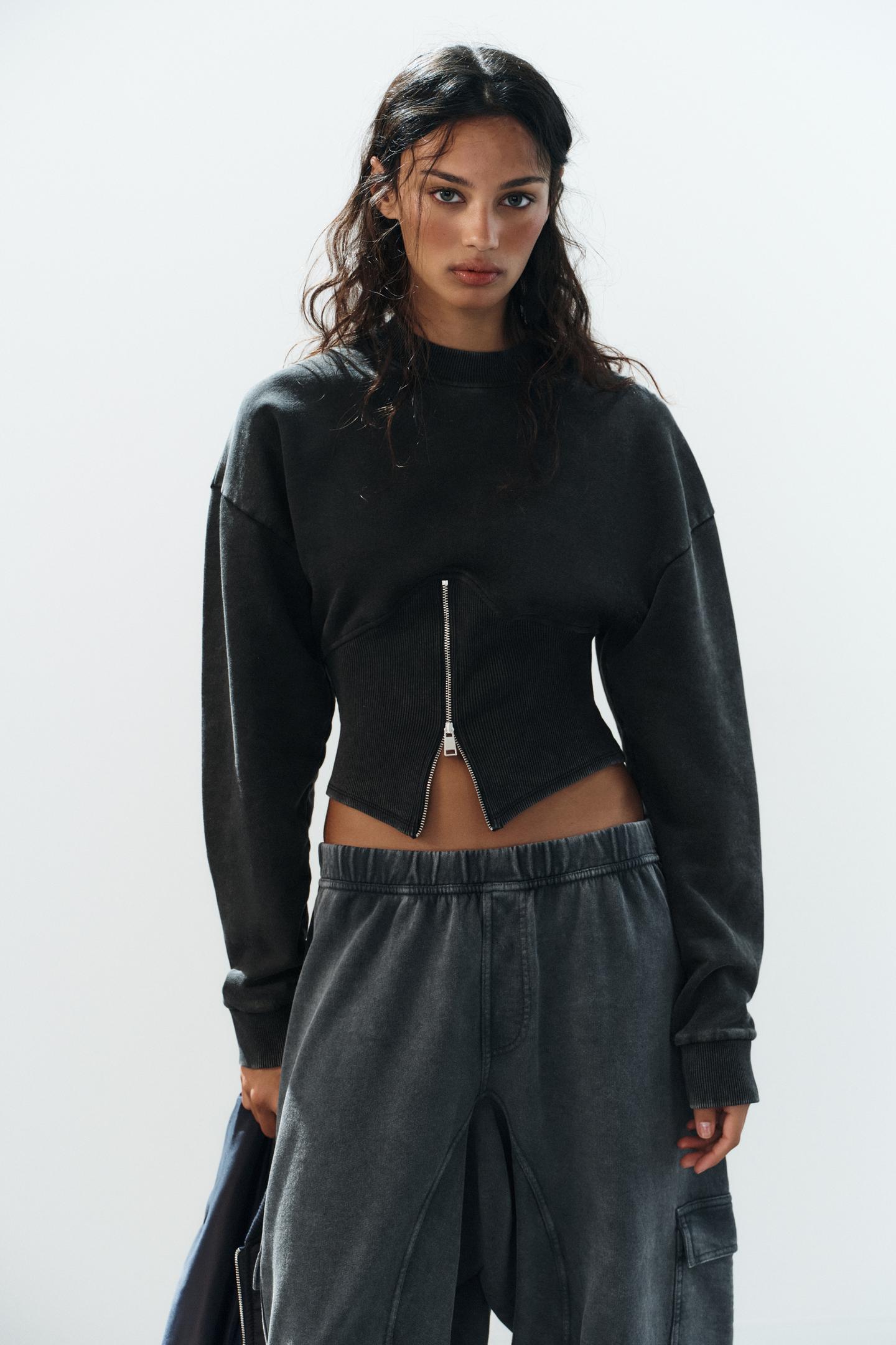 Женская толстовка Zara Washed Effect Corset Zipper, цвет: Тёмный серый — фото 2