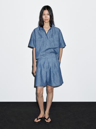 Polo manga corta algodón lino - Azul de Zara