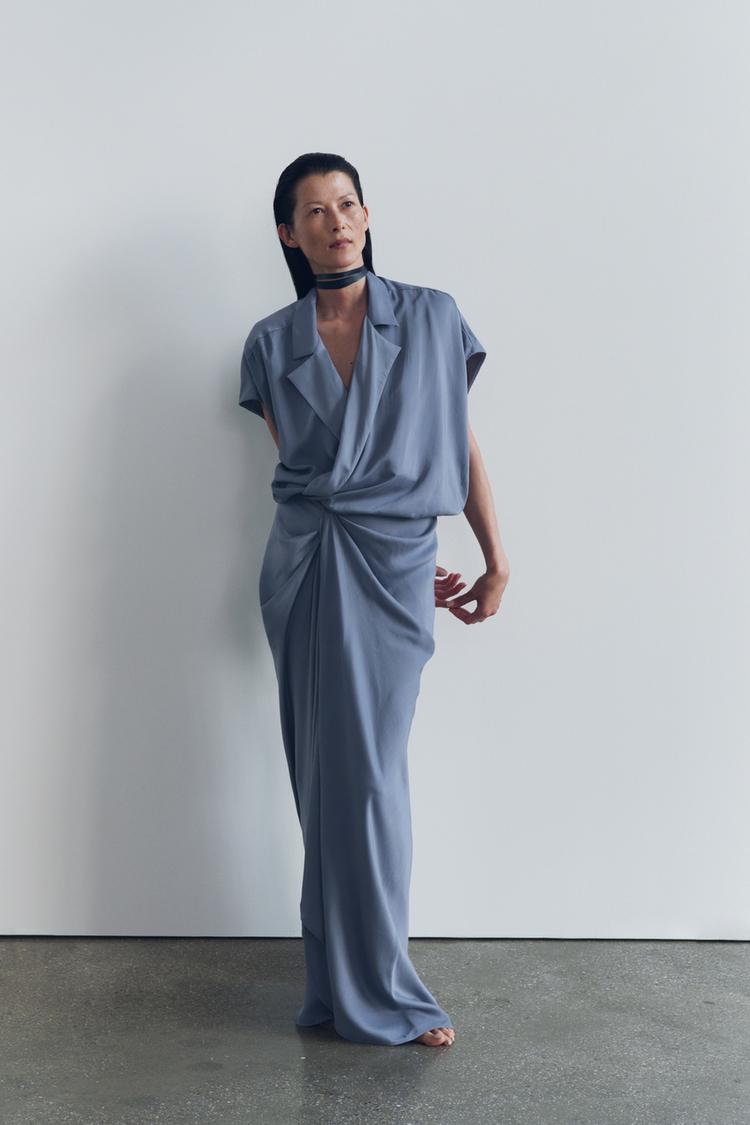 ZW COLLECTION SATIN EFFECT WRAP DRESS Blue Gray ZARA United
