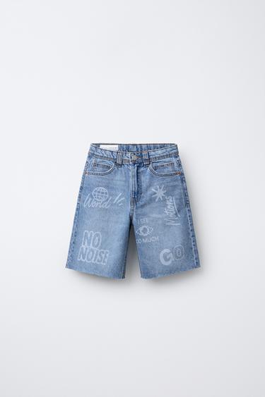 PRINTED RELAXED BAGGY DENIM BERMUDA SHORTS - Mid-blue by Zara