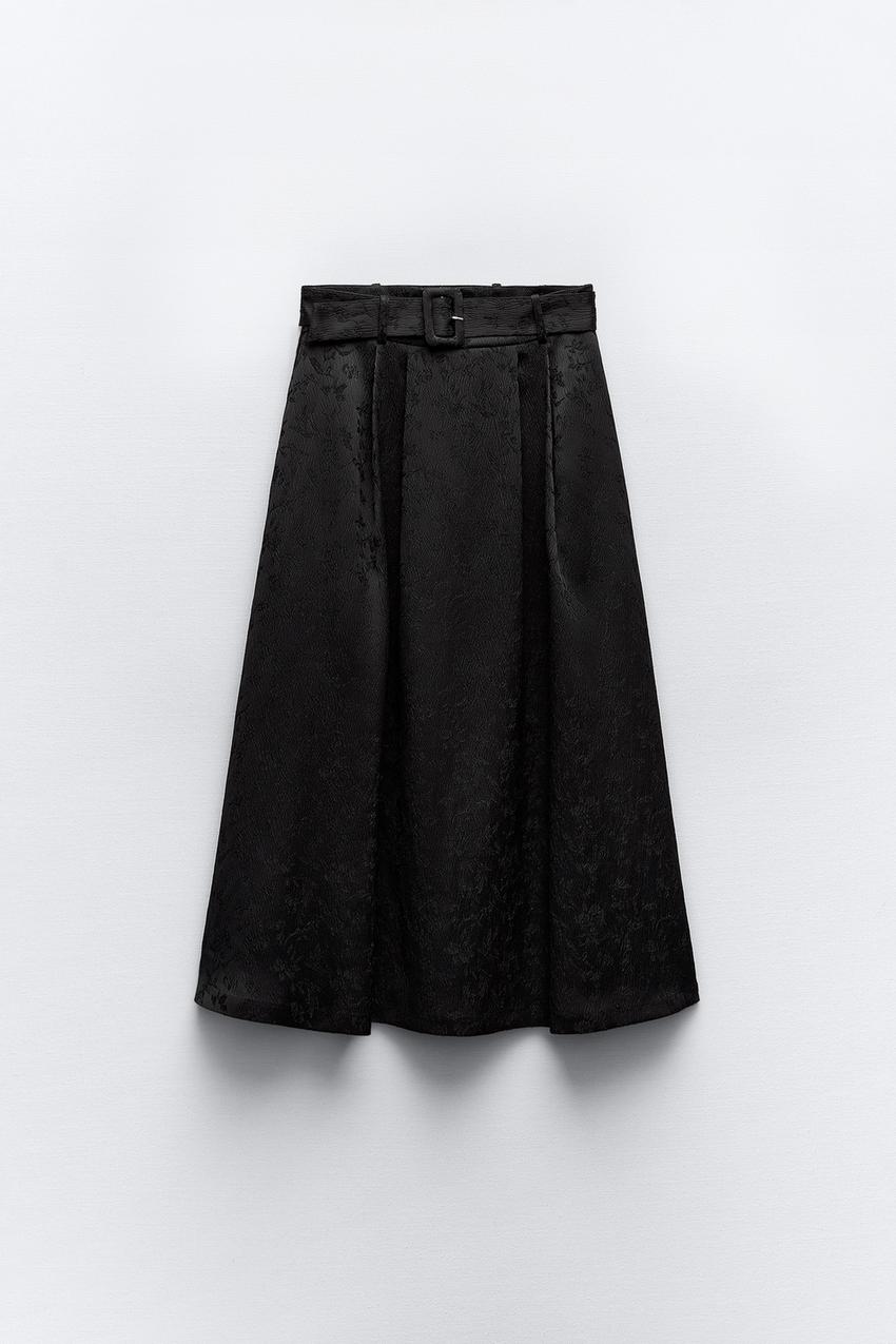 JACQUARD MIDI SKIRT WITH BELT - Black