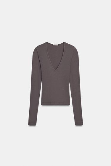LONG SLEEVE RIBBED TOP - Brown by Zara