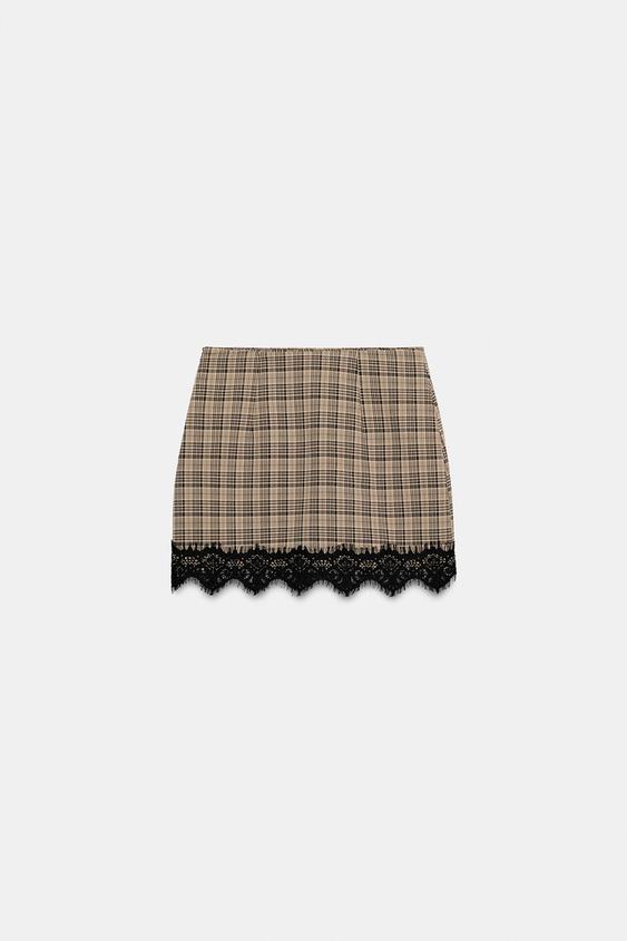 JUPE-PANTALON À CARREAUX EN DENTELLE - Noir / Marron de Zara - Image 6