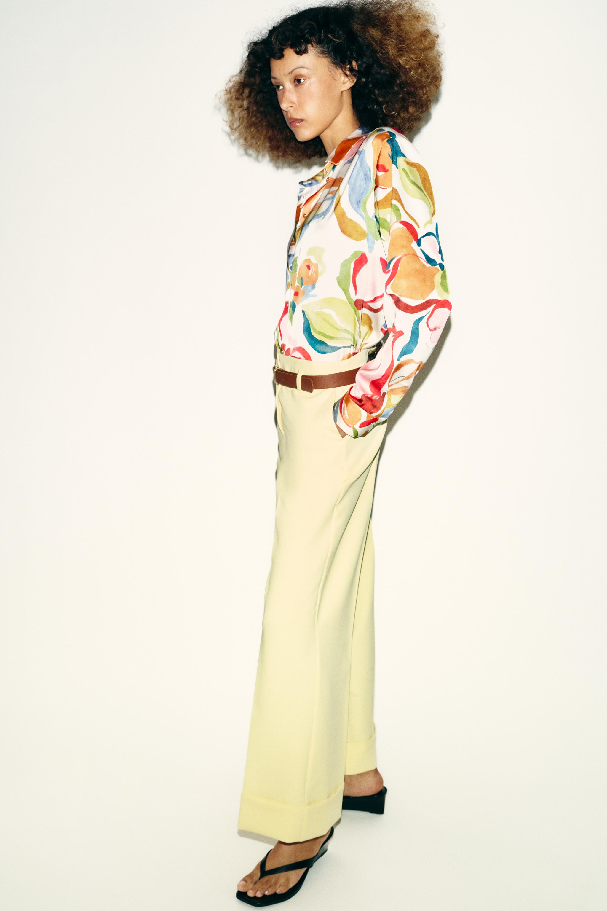 TROUSERS WITH TURN-UP CUFFS AND BELT — Light yellow