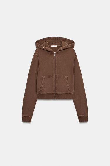 PLUSH HOODIE WITH STUDS - Dark brown by Zara