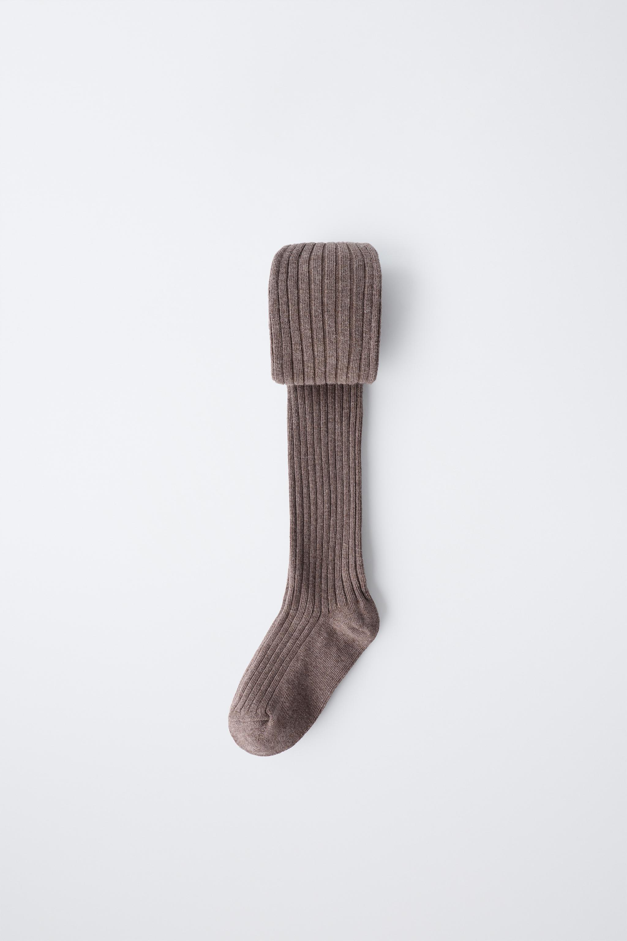 PLAIN RIBBED TIGHTS — taupe brown