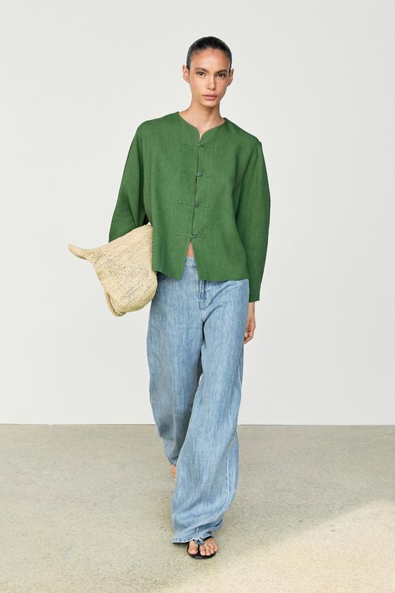 Surchemise fluide à boutons esprit total look - Vert / Bleu de Zara - Image 0