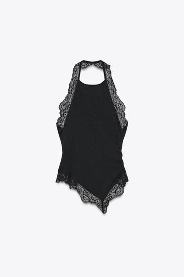 Zara TEXTURED LACE HALTER TOP - Black - Image 0