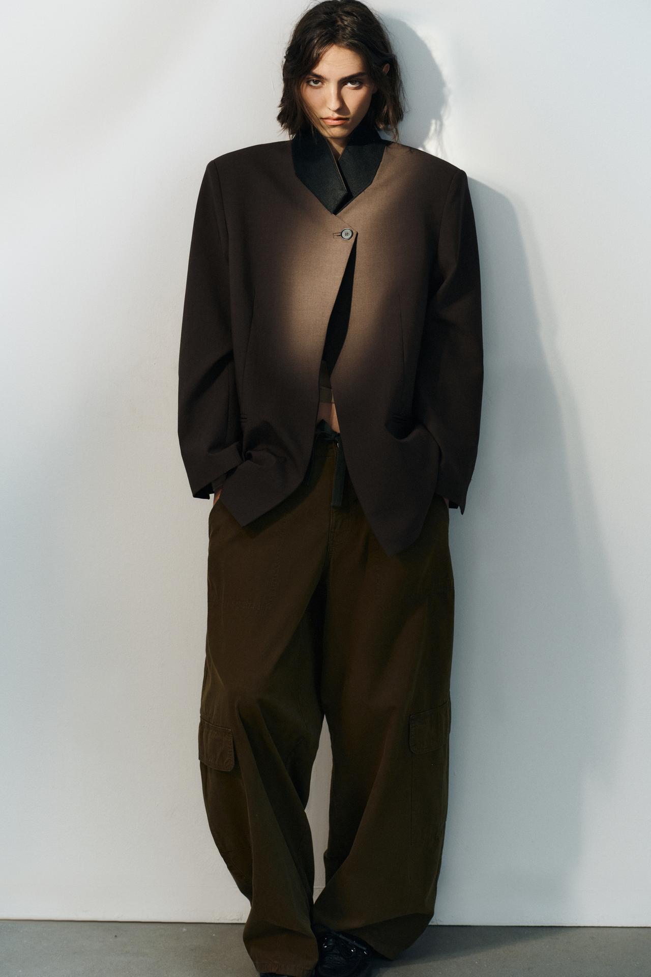 CONTRAST COLLAR OVERSIZED BLAZER — Dark brown
