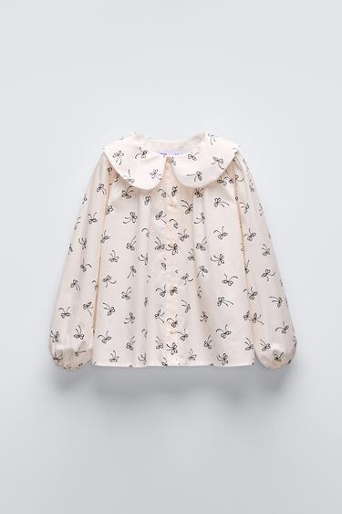 Zaras MÖNSTRAD BLUS MED KRAGE MED ROSETTER - Naturfärg