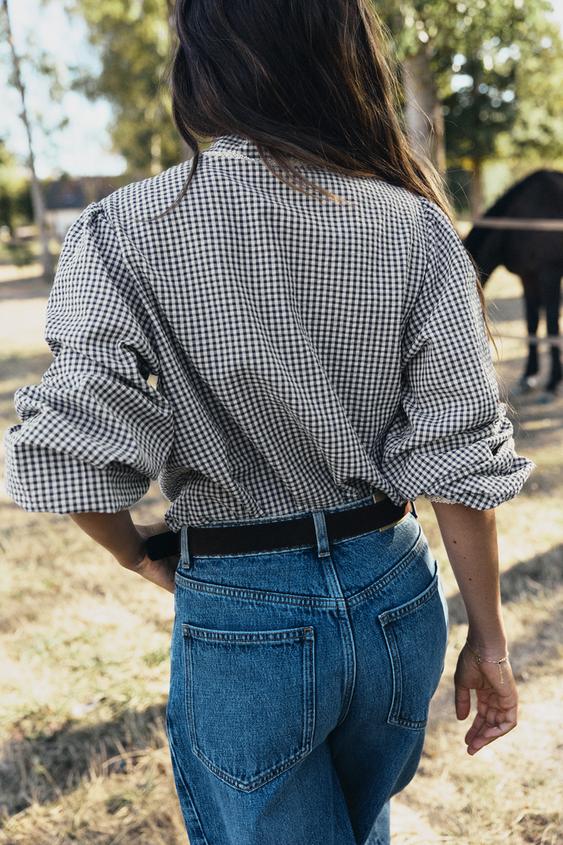 BLOUSE À CARREAUX, NŒUD ET DENTELLE - Écru / Bleu marine de Zara - Image 3
