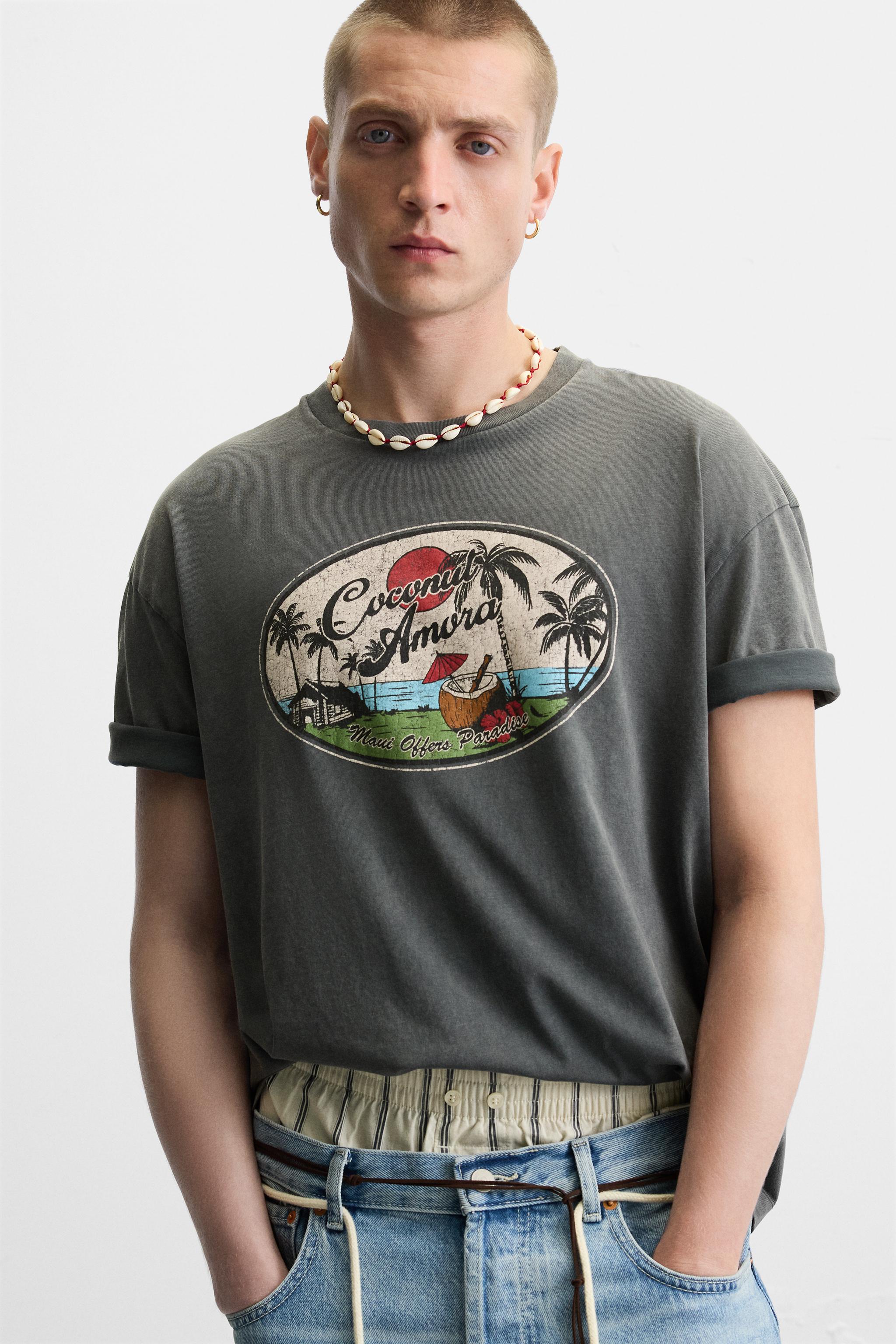 国内発送★ZARA★ウォッシュドコントラストプリントTシャツ ウォッシュ加工プリントニットTシャツ - ブラック | ZARA Japan
