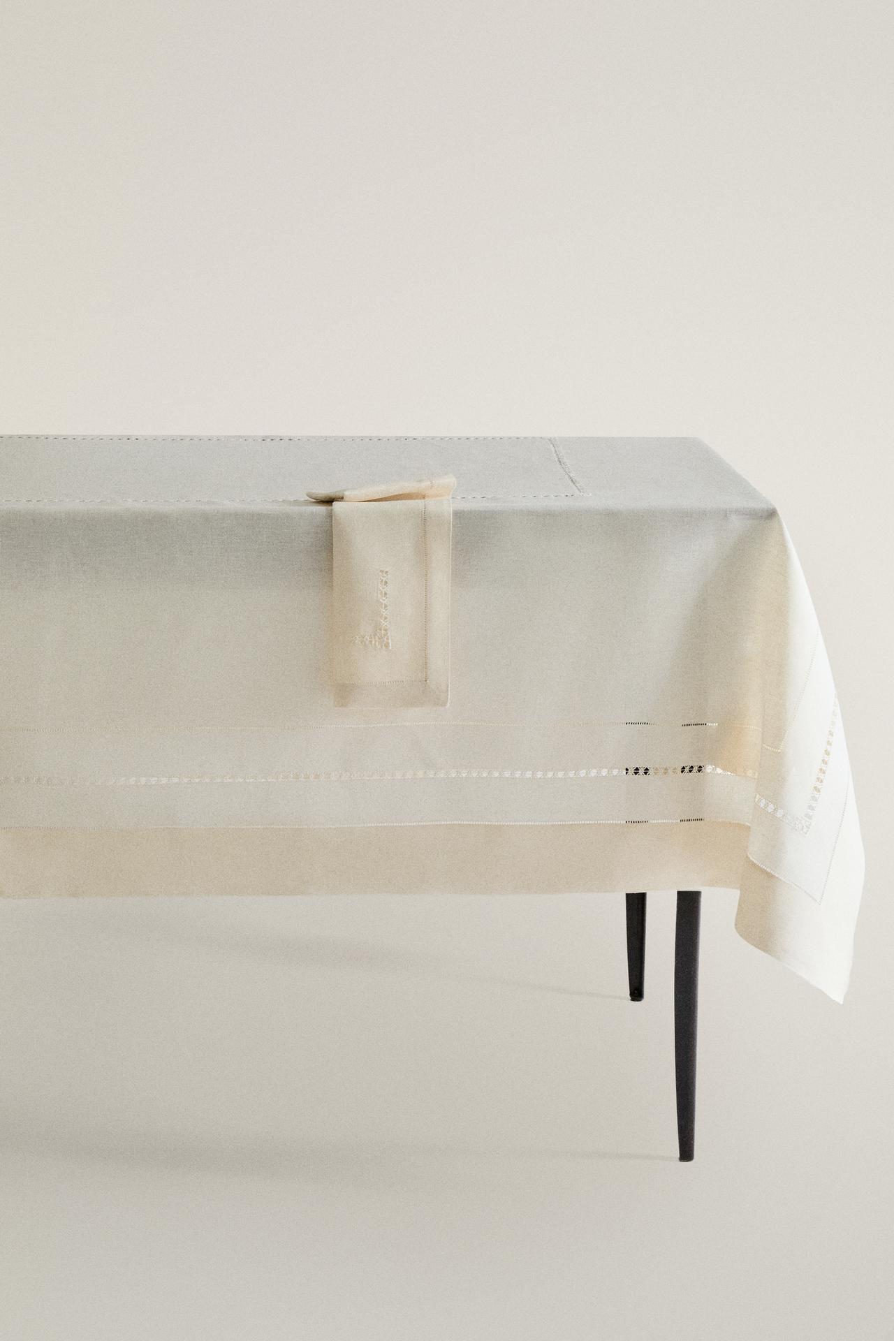 LINEN TABLECLOTH WITH HEMSTITCHING INSERTS — Ecru