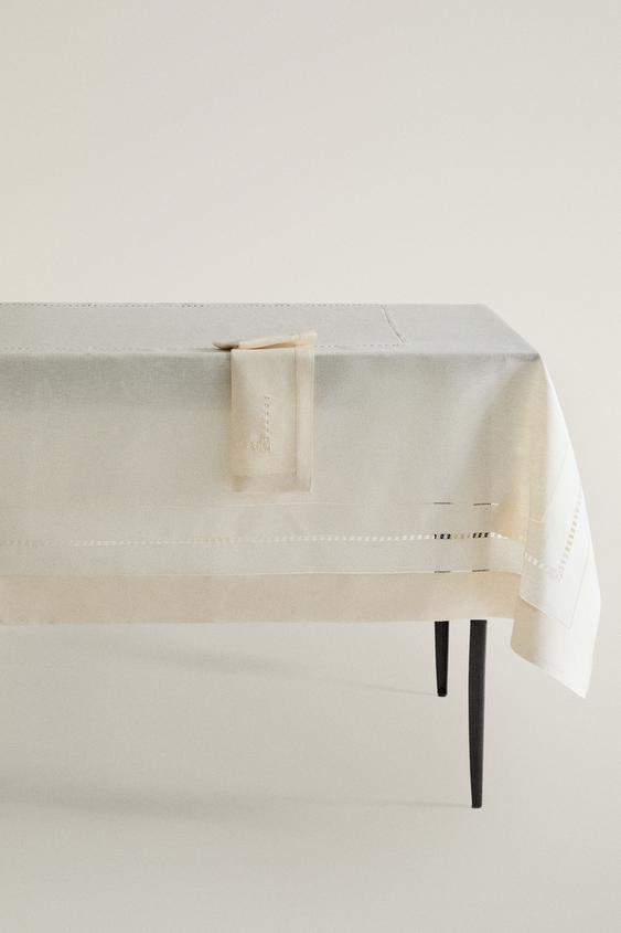 HEMSTITCHED INSERT LINEN TABLECLOTH - Ecru by Zara - Image 0