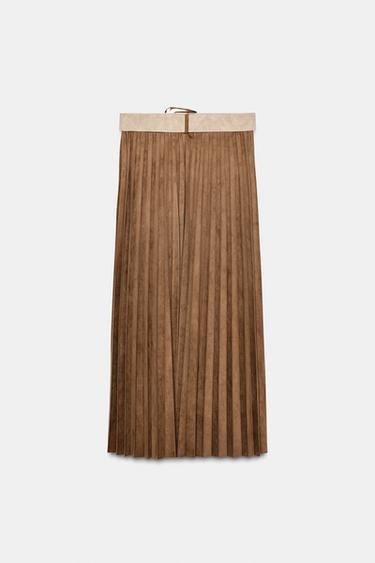 PLEATED FAUX SUEDE MIDI SKIRT WITH BELT - Light brown by Zara - Image 7