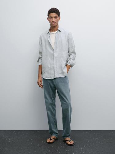 Zara Regular fit striped linen shirt - Navy blue - Image 0