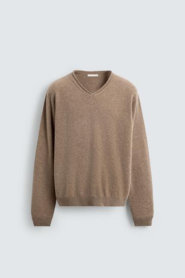 CASHMERE-SWEATER MED V-HALS - mørk beige fra Zara