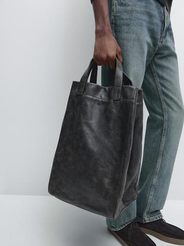 Zara Crackled nappa leather tote bag - Black - Image 0