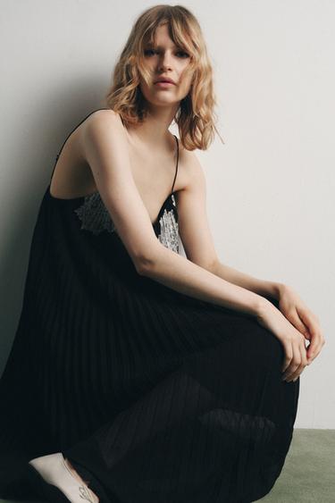 PLEATED DRESS WITH EMBROIDERY AND LACE - Black by Zara - Image 5