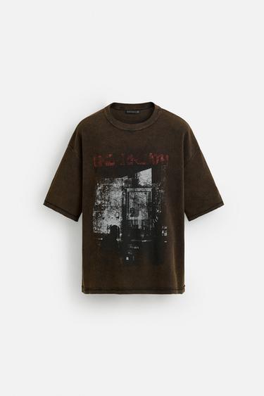 ウォッシュ加工プリントニットＴシャツブラックZaraのウォッシュ加工プリントニットＴシャツ - ブラック 