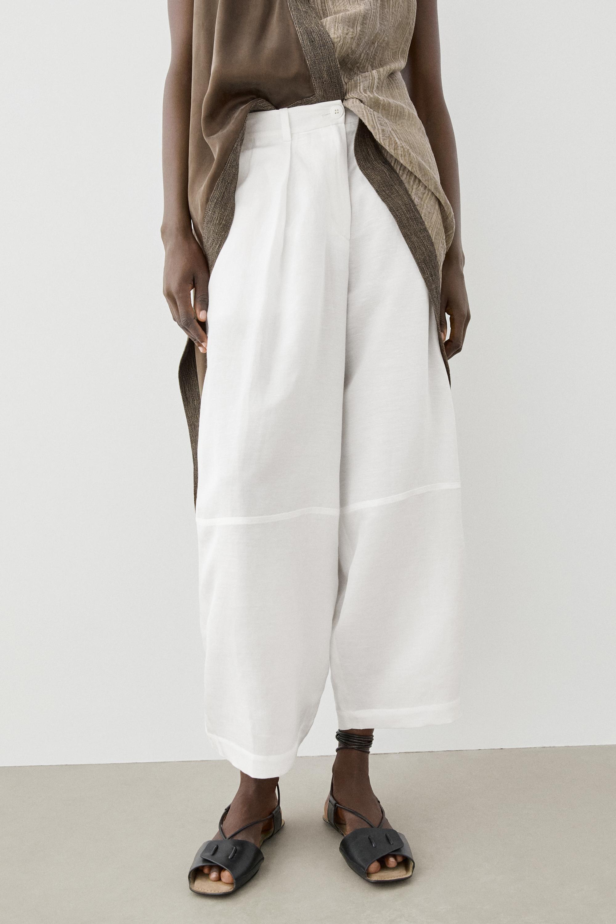 Flowing linen blend pants with seams — White